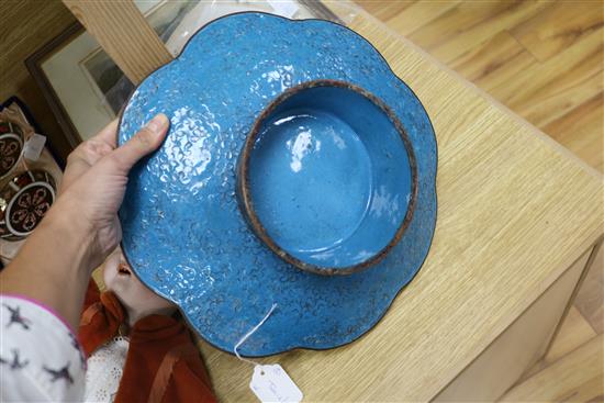 A Chinese blue ground cloisonne bowl with petal rim and a similar footed bowl, W 33cm